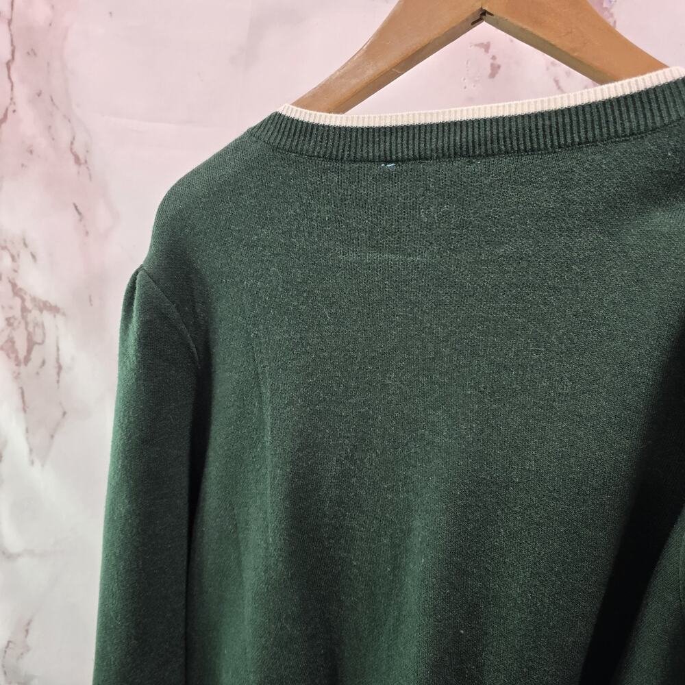 Draper James Sweater Womens 2X Dark Green Cardigan Tie Bow White Trim - Picture 6 of 14